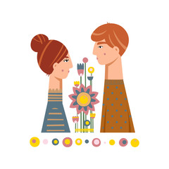 Romantic illustration with people. A young man and a young woman with bouquet. Love, love story, relationship. Vector design concept in folk art style for Valentine Day, 8 March and other users. - 297073310