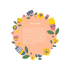 Floral text circle frame template in folk art style. Round border with vector blossom. Flowers, leaves cartoon illustration with copyspace, Greeting card, invitation, scrapbook design. - 297073335