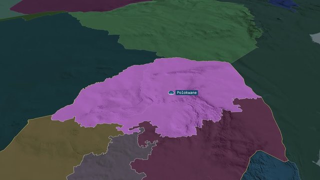 Limpopo - province of South Africa with its capital zoomed on the administrative map of the globe. Animation 3D