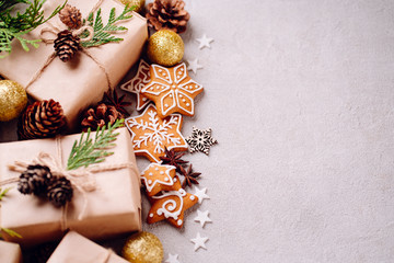 Christmas background, celebration, New Year's eve party, sale, presents concept. Beautiful gift boxes with handmade embellishments and food decorations, template with copyspace