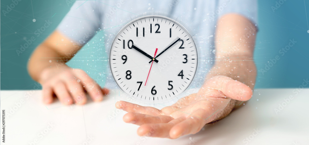 Poster man holding a clock timer 3d rendering