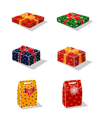 Gift boxes. Isolated objects. New Year's and Christmas. On a white background multi-colored gift boxes. Boxes are decorated with various decorative elements and bows. Vector illustration.