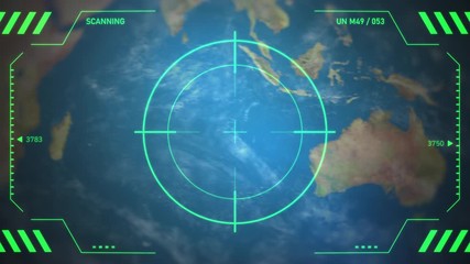 View of the world map with the camera flying over and focusing on Australia. Including green HUD overlay with crosshair circle. Elements of this video are furnished by NASA. - Powered by Adobe
