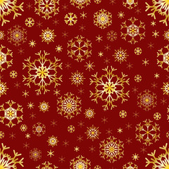 Snowflakes. Seamless pattern. New Year's and Christmas. On a burgundy background, golden and bright snowflakes. Snowflakes have a golden gradient. Vector illustration.