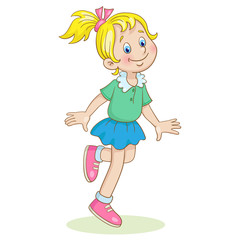 Little cute girl jumping on one leg. In a cartoon style. Isolated on white background.