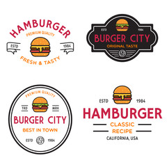Set of badges, banner, labels and logo for hamburger, burger shop. Simple and minimal design. Vector illustration.