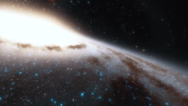 4k animation. Spaceship flies at the speed of light through a galaxy in space. Billions of stars in the Milky Way galaxy. Beautiful clusters of stars