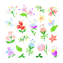 Hand drawn flowers set. Fairy tale vintage floral elements illustration.