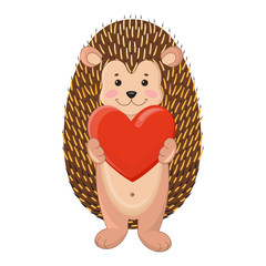 cartoon illustration of Valentine's day romantic gift card with cute hedgehog holding heart in his hands. Illustration for children's prints, greetings, posters, t-shirt, packaging, invites.