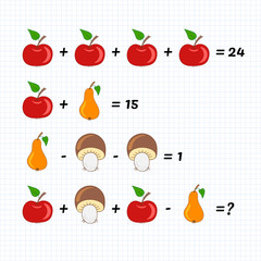 Mathematical Addition Subtraction Puzzle with apple, pear and mushroom. Math game with pictures for children, middle level, education game for kids, preschool worksheet activity, for logical thinking.
