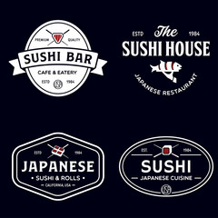 Sushi shop labels and badges design templates set vector, japanese food logos design.