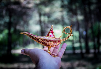 Antique artisanal Aladdin Arabian nights genie style oil lamp at the forest. Lamp of wishes fantasy...
