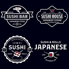 Sushi shop labels and badges design templates set vector, japanese food logos design.