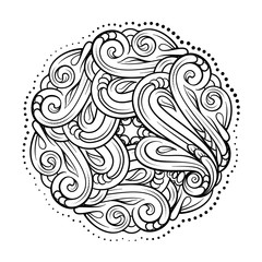 Black and white ethnic style mandala pattern for antistress coloring. Abstract coloring page.