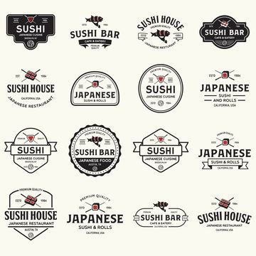Sushi shop labels and badges design templates set vector, japanese food logos design.