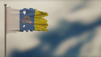 Canary Islands 3D tattered waving flag illustration on Flagpole.