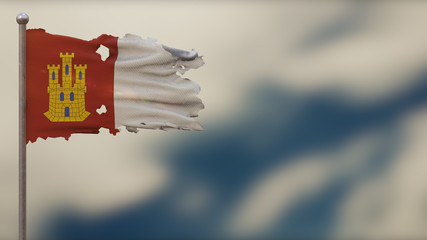 Castilla La Mancha 3D tattered waving flag illustration on Flagpole.