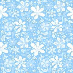 Hand drawn blue monochrome flower seamless pattern. Vintage floral elements seamless background. Cute template for fashion prints. 