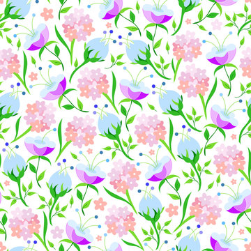 Hand drawn flower seamless pattern. Vintage blue violet pink floral elements seamless background. Cute template for fashion prints. © vectorforjoy