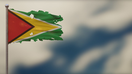 Guyana 3D tattered waving flag illustration on Flagpole.