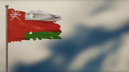 Oman 3D tattered waving flag illustration on Flagpole.