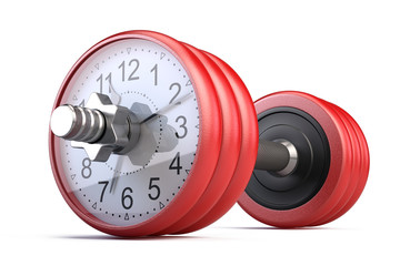 Red gym dumpbell with clock isolated on white - Time for gym concept. 3d rendering