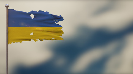 Ukraine 3D tattered waving flag illustration on Flagpole.