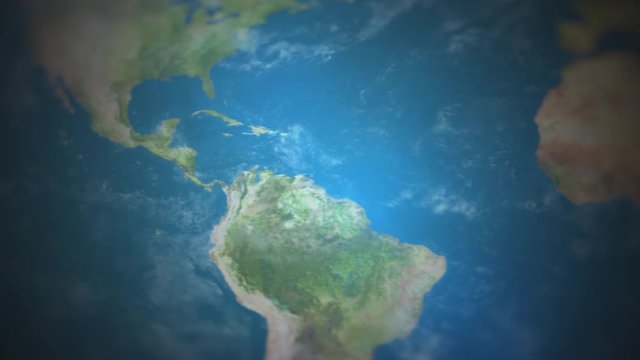 View of the world map with the camera flying over and focusing on Central America and the Caribbean. Elements of this video are furnished by NASA.