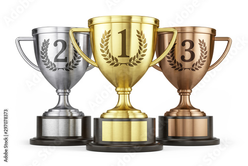 First Second And Third Place Award Concept Gold Silver And Bronze Trophy Cups Isolated On White Background 3d Rendering Wall Mural Sashkin