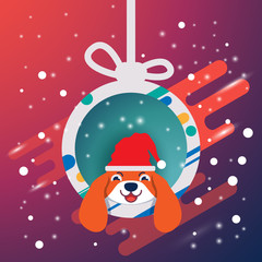 Christmas label with cristal ball and cute dog head wear red hat on colorful gradient background.
