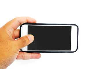 Smartphone in male hands taking photo on white blackground.