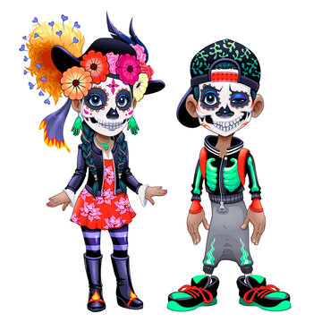 Characters celebrating the Mexican Halloween called Los Dias de Los Muertos