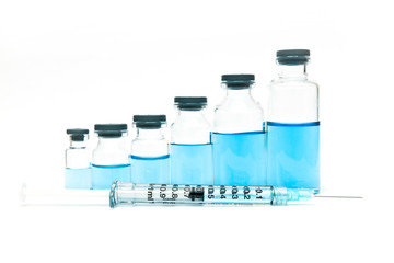 A seringe and serial volume up of medicine vials containing liquid medicine. Growth of pharmaceutical industry