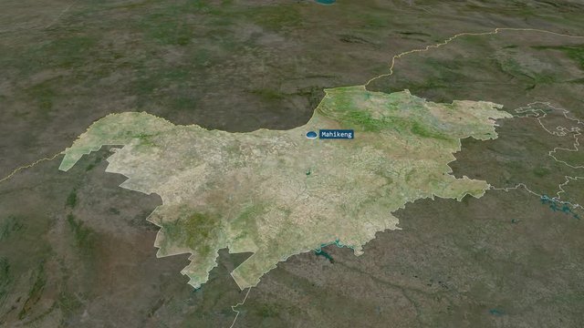 North West - province of South Africa with its capital zoomed on the satellite map of the globe. Animation 3D