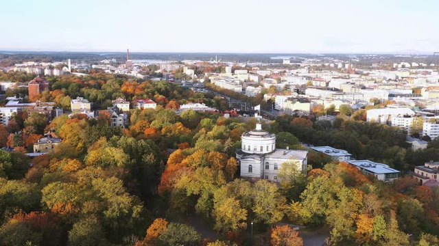 Fall foliage on Vartiovuori hill with downtown of Turku, Finland. 4K UHD video.