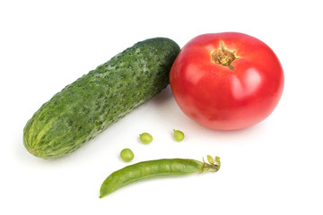 Fresh, tasty Cucumber, green pea, tomato in the pod isolated on white background.