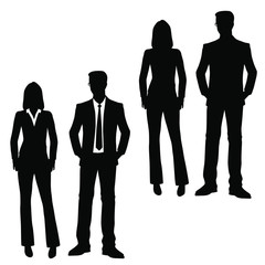 Vector silhouettes of man and woman standing, business people, couple,  black color, isolated on white background