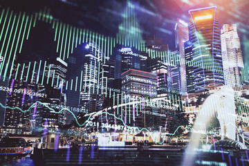 Naklejka na ściany i meble Financial chart on city scape with tall buildings background multi exposure. Analysis concept.
