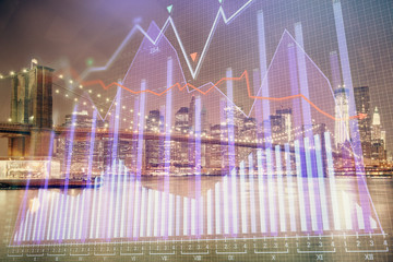 Financial chart on city scape with tall buildings background multi exposure. Analysis concept.
