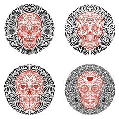 Set of emblems with sugar skulls with floral border. Design element for poster, card, emblem, sign. Vector illustration