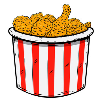Illustration of bucket of fried chicken. Design element for poster, card, banner, sign, flyer.Vector illustration