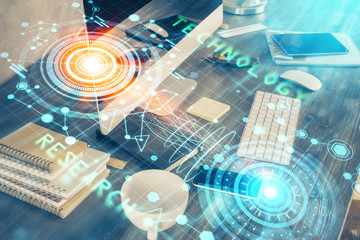 Technology theme drawing and table with computer. Double exposure. Concept of information.