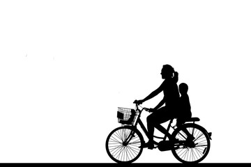 silhouette happy family  ride bike on white background