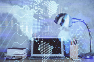 Multi exposure of chart and financial info and work space with computer background. Concept of international online trading.