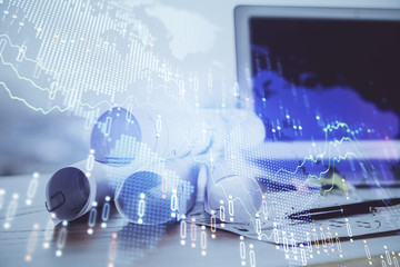 Forex Chart hologram on table with computer background. Double exposure. Concept of financial markets.