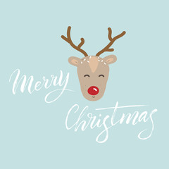 Merry Christmas font card with deer. Traditional xmas holiday greeting poster. Modern lettering party invitation banner. Vector eps 10.