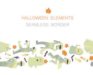 Seamless border of vector Halloween traditional symbols isolated on white background. Endless horizontal brush. Ghosts, mummies, candles, bats and pumpkins