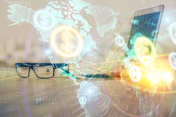 Forex Chart hologram on table with computer background. Double exposure. Concept of financial markets.