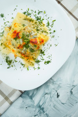Portion of homemade Italian lasagna with cheese, white sauce and chicken on white plate with cloth. Traditional italian pasta. Grey background