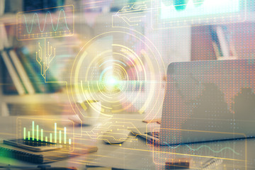 Technology theme drawing and work space with computer. Multi exposure. Concept of innovation.